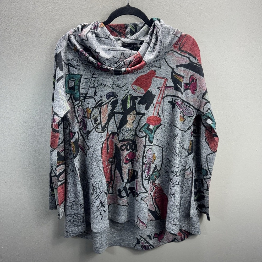 Inoah Size S Cowl Neck Graphic Print Long Sleeve Top